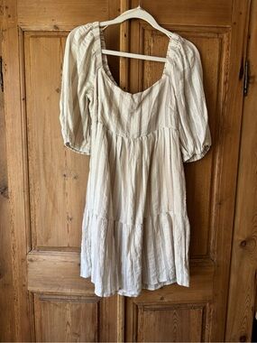 Lush Cream Striped Puff Sleeve Tiered Dress